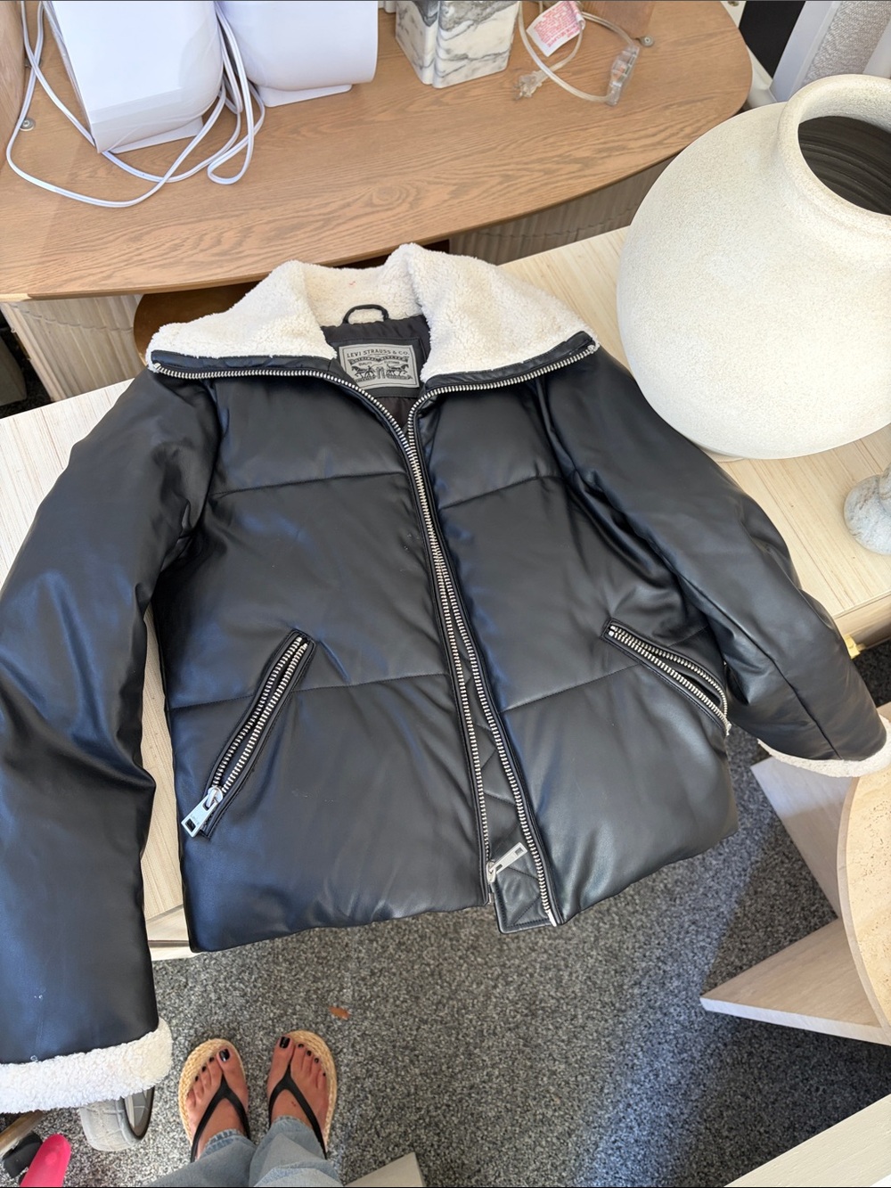 Levi's Black Faux-Leather Sherpa Collar Puffer Jacket